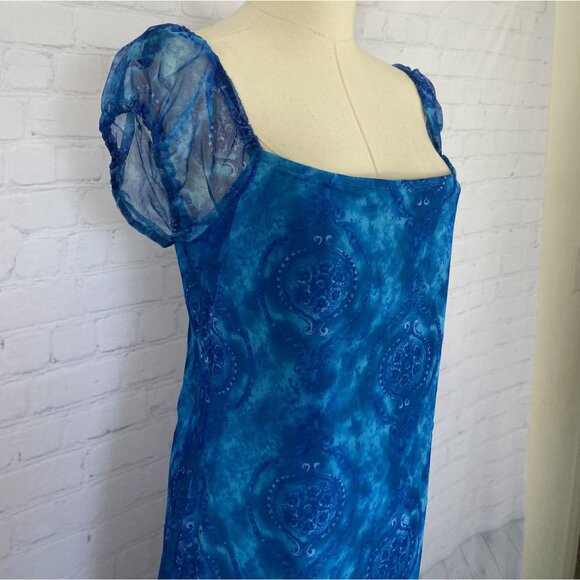 ⭐ 3/$15 Vintage Y2K No Boundaries Blue Paisley Mesh Puff Sleeve Midi Dress - Picture 4 of 8